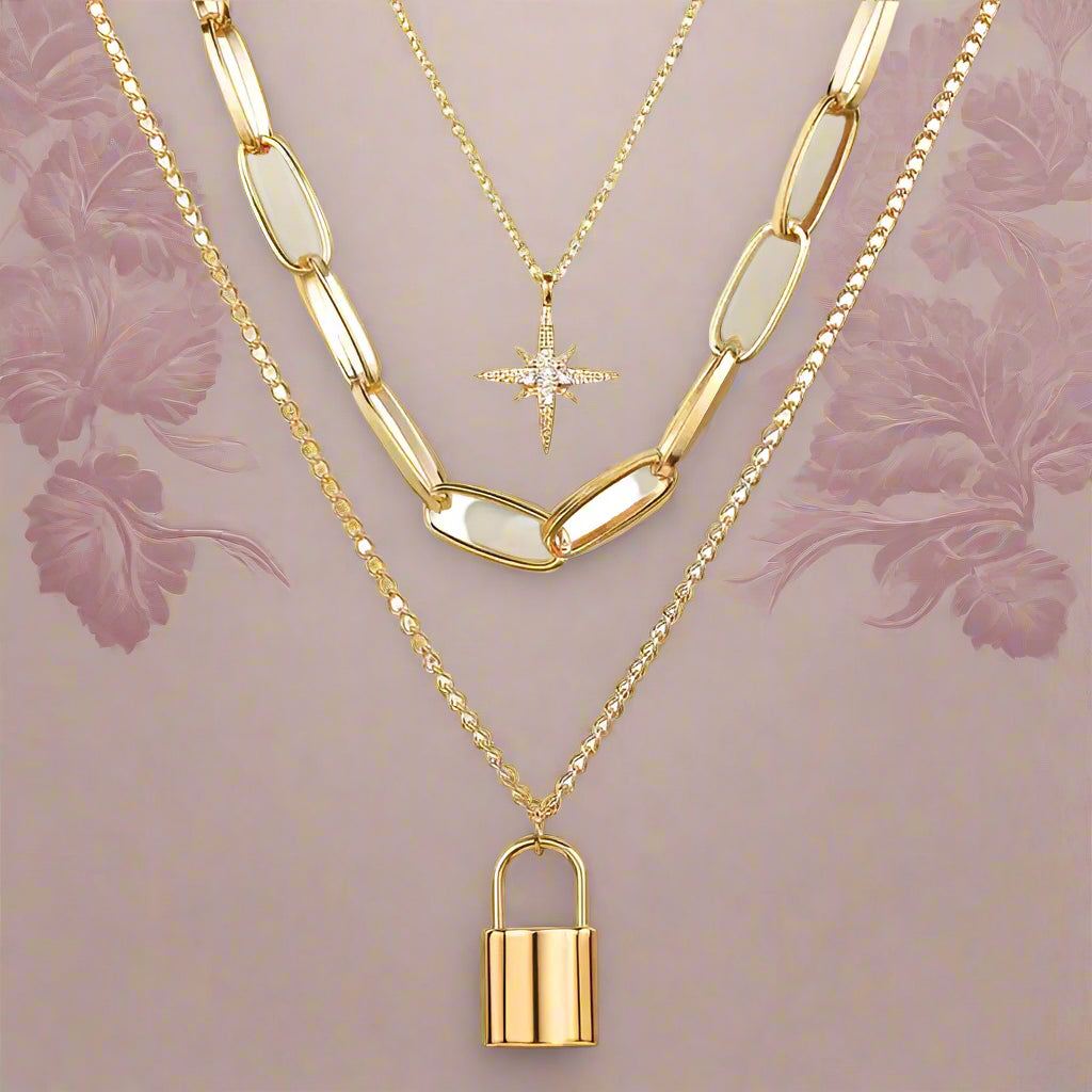 Gold Plated Layered Lock Chain Necklace - PlumOnyx