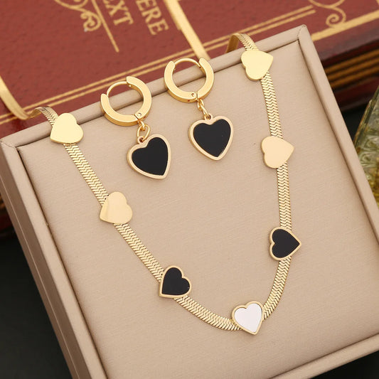 3 Pcs Set 316L Stainless Steel 18k Gold Plated Black White Heart Jewelry Set - PlumOnyx