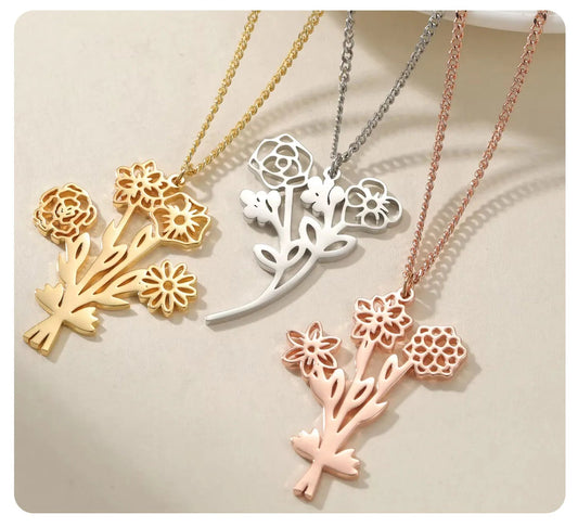 Family Birth Flower Bouquet Necklace - PlumOnyx