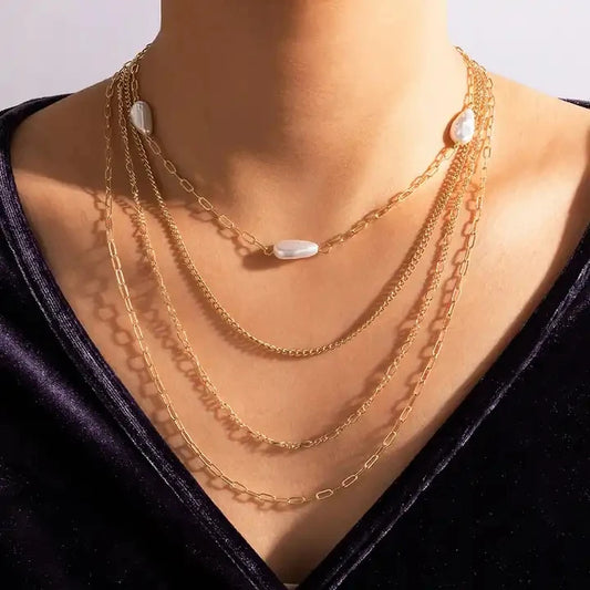 Multi-layered Link Chain Pearl Charm Necklace - PlumOnyx