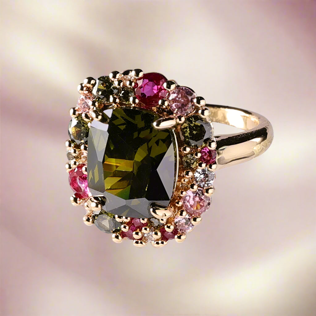Large Emerald & Micro-Infused Zircon Copper Flower Shape Ring - PlumOnyx