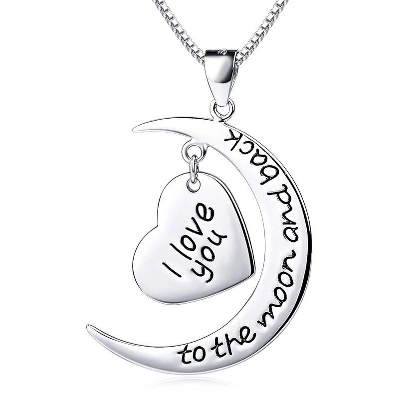 "I Love You to the Moon and Back" Engraved Moon & Heart Pendant Necklace - PlumOnyx