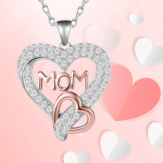 Double Love Heart Pendant Mom Necklace - S925 Sterling Silver - PlumOnyx