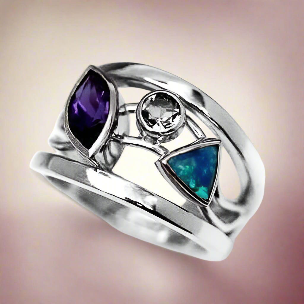 Hollow-out Colorful CZ Stone Ring - PlumOnyx