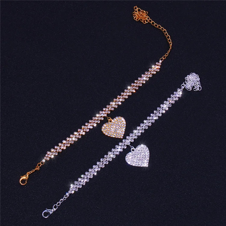 Charm Personality Foot Jewelry Bling Rhinestone Tennis Heart Anklet - PlumOnyx