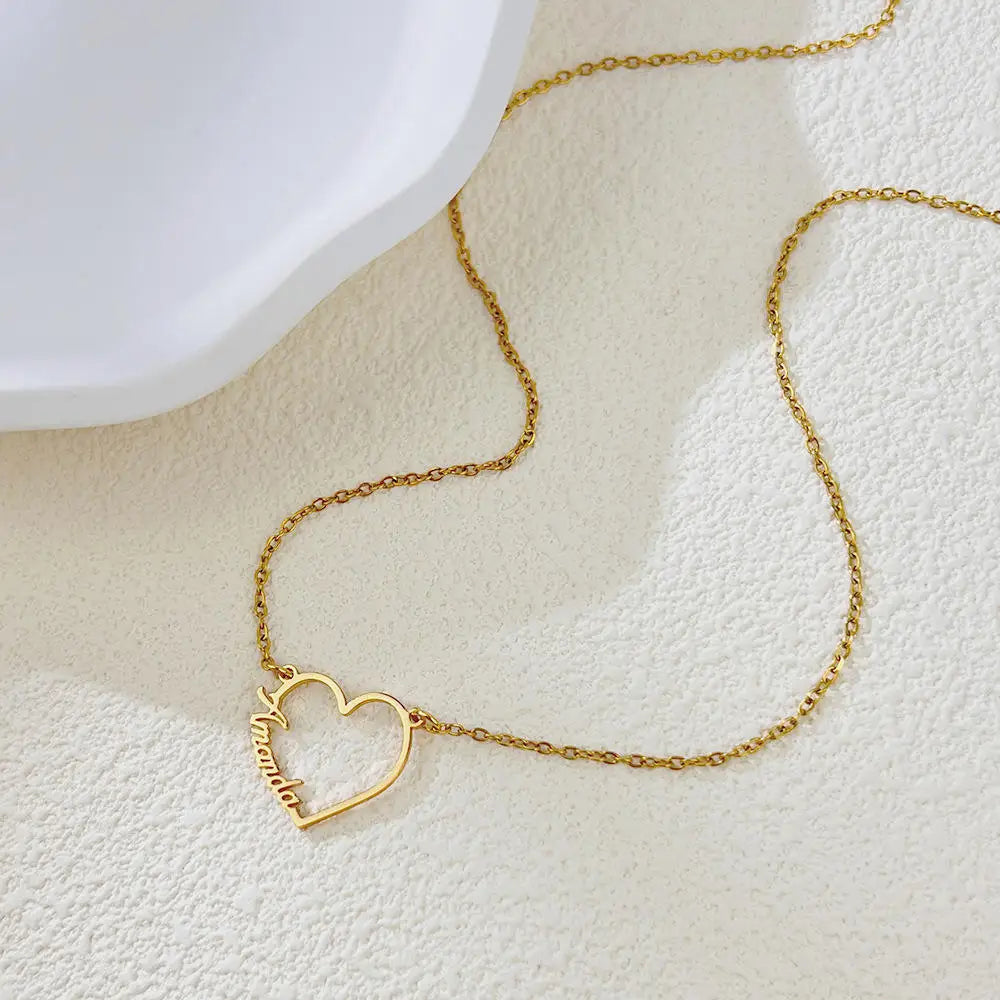 Custom Double or Trlple Name Heart Nameplate Pendant Necklace - PlumOnyx