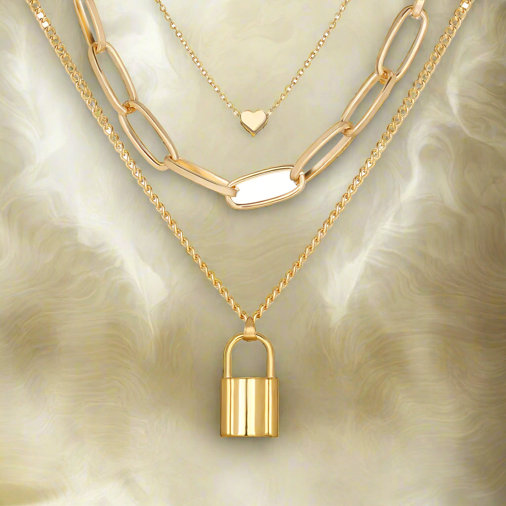 Gold Plated Layered Lock Chain Necklace - PlumOnyx