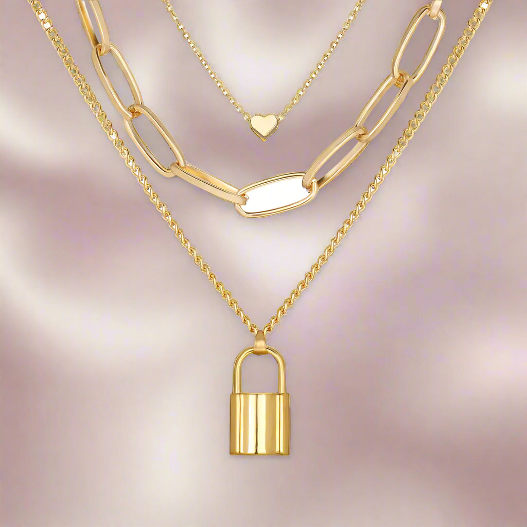 Gold Plated Layered Lock Chain Necklace - PlumOnyx