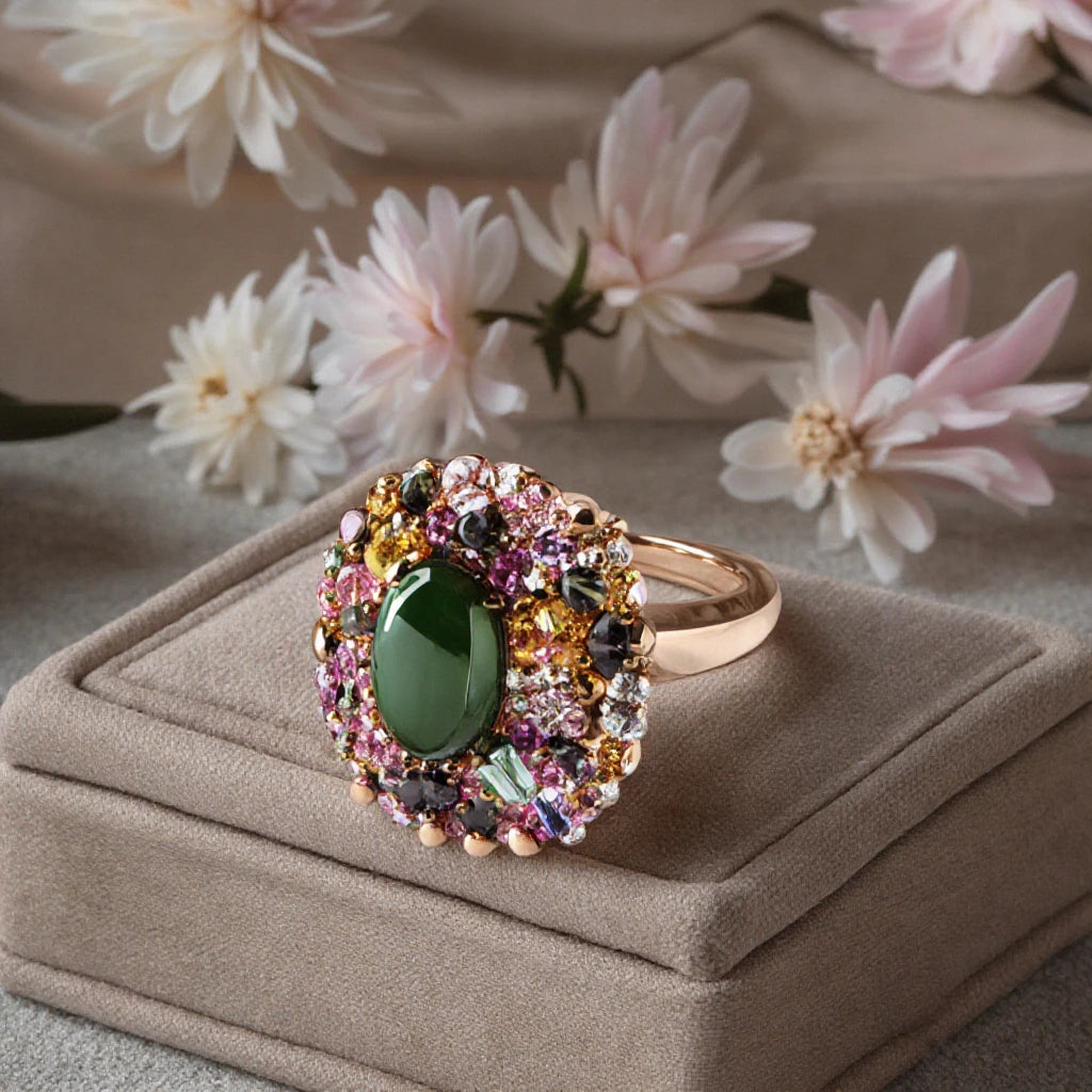 Large Emerald & Micro-Infused Zircon Copper Flower Shape Ring - PlumOnyx