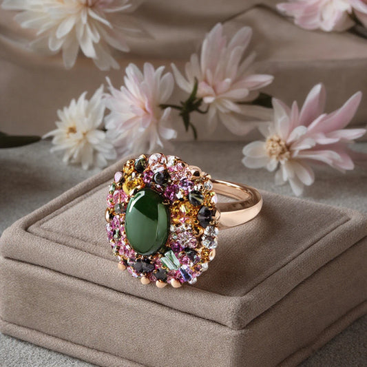 Large Emerald & Micro-Infused Zircon Copper Flower Shape Ring - PlumOnyx
