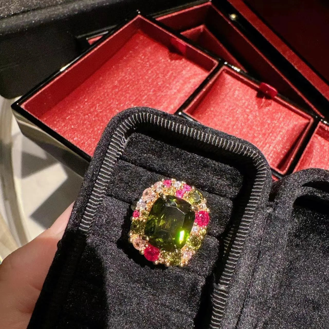 Large Emerald & Micro-Infused Zircon Copper Flower Shape Ring - PlumOnyx