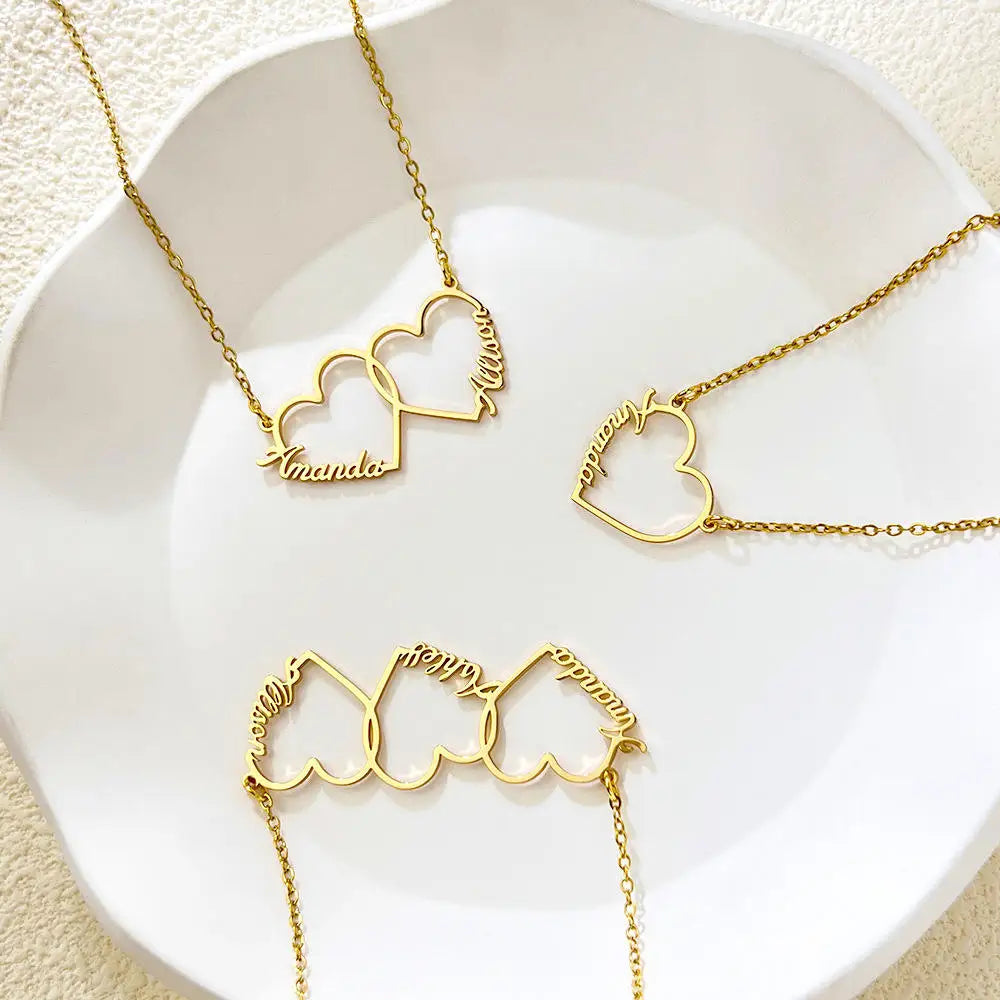 Custom Double or Trlple Name Heart Nameplate Pendant Necklace - PlumOnyx