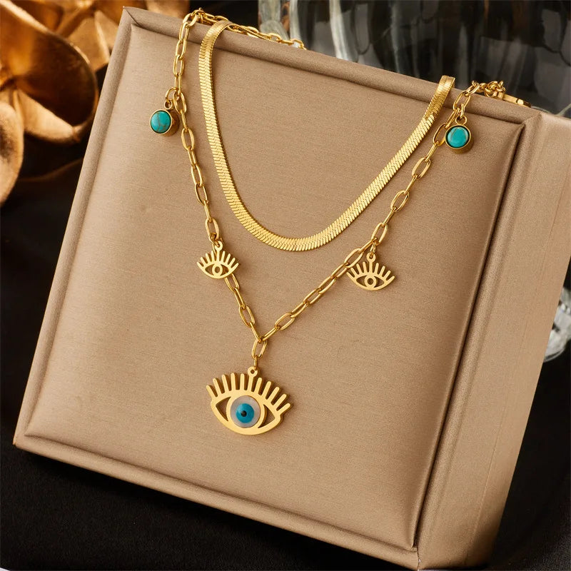 Double Layer Boho Turkish Devil Eye Pendant Choker Necklace - PlumOnyx