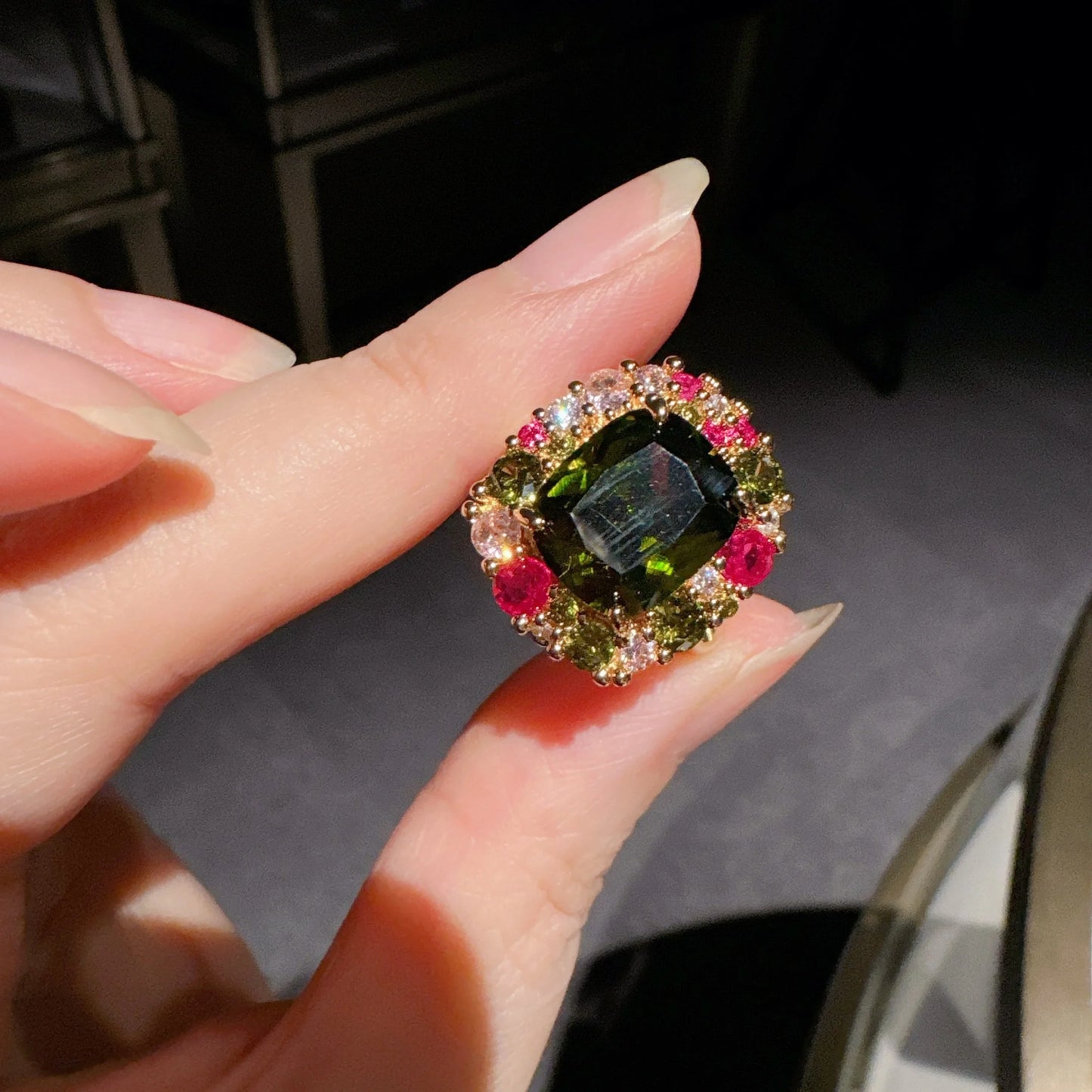 Large Emerald & Micro-Infused Zircon Copper Flower Shape Ring - PlumOnyx