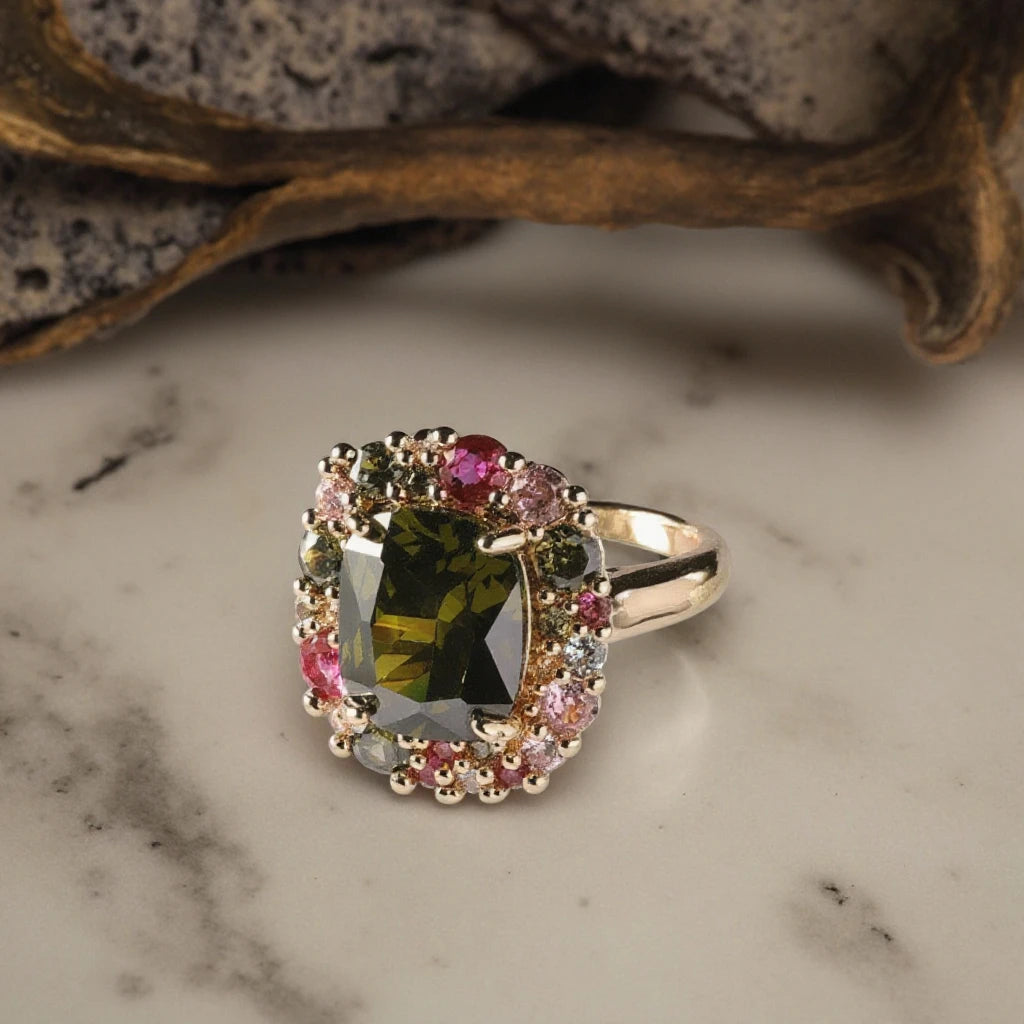 Large Emerald & Micro-Infused Zircon Copper Flower Shape Ring - PlumOnyx