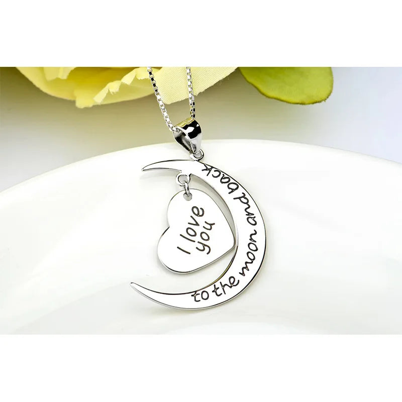 "I Love You to the Moon and Back" Engraved Moon & Heart Pendant Necklace - PlumOnyx