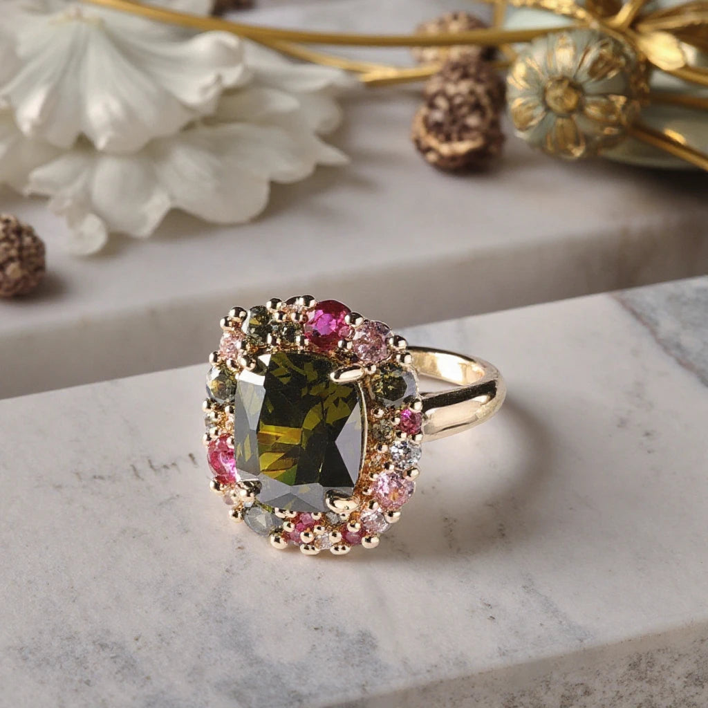 Large Emerald & Micro-Infused Zircon Copper Flower Shape Ring - PlumOnyx