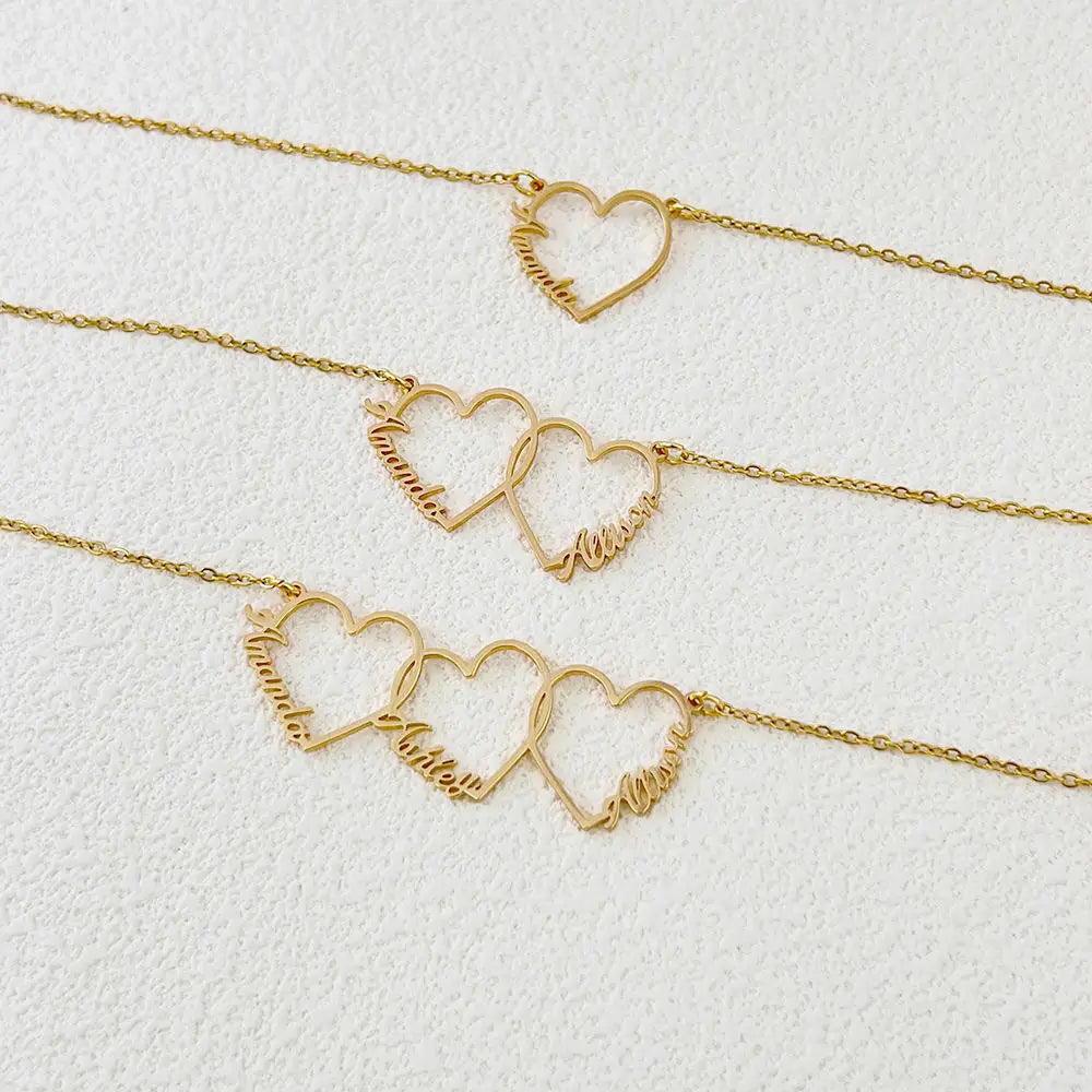 Custom Double or Trlple Name Heart Nameplate Pendant Necklace - PlumOnyx