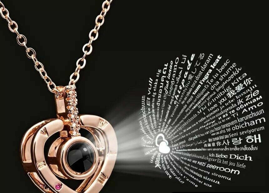 I LOVE YOU 100 Languages Projection Heart Silver/Gold Plated Love Necklace