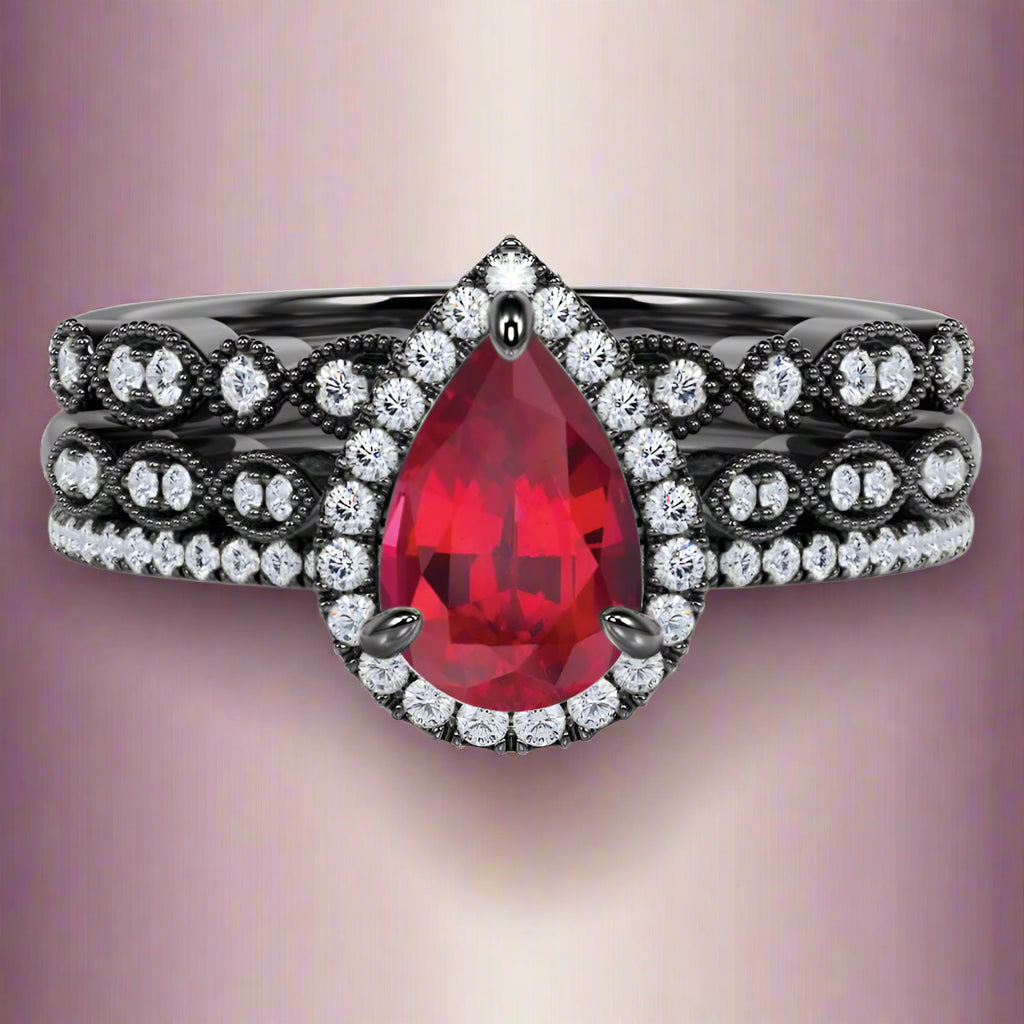 1.75 Carat Teardrop Vintage Ruby Trio Ring Set in 18K Black Gold over Silver