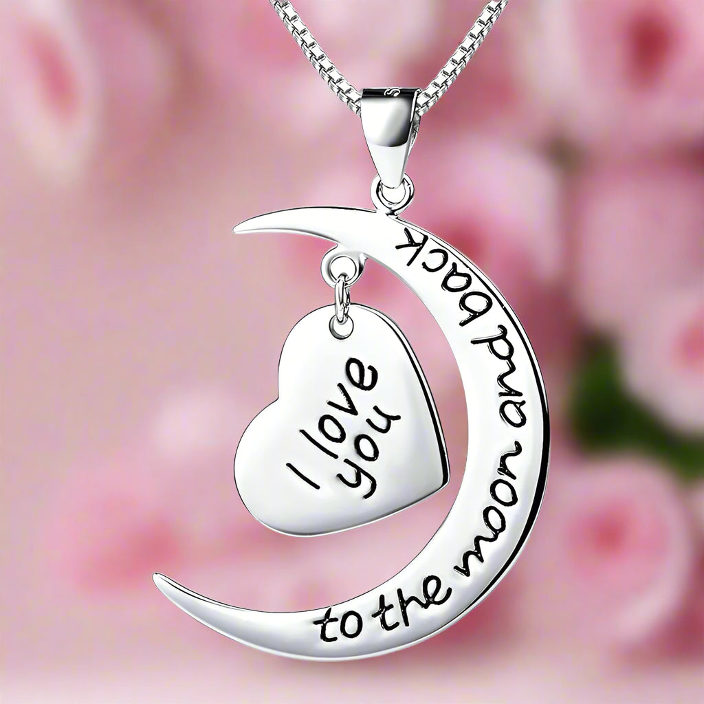 "I Love You to the Moon and Back" Engraved Moon & Heart Pendant Necklace - PlumOnyx