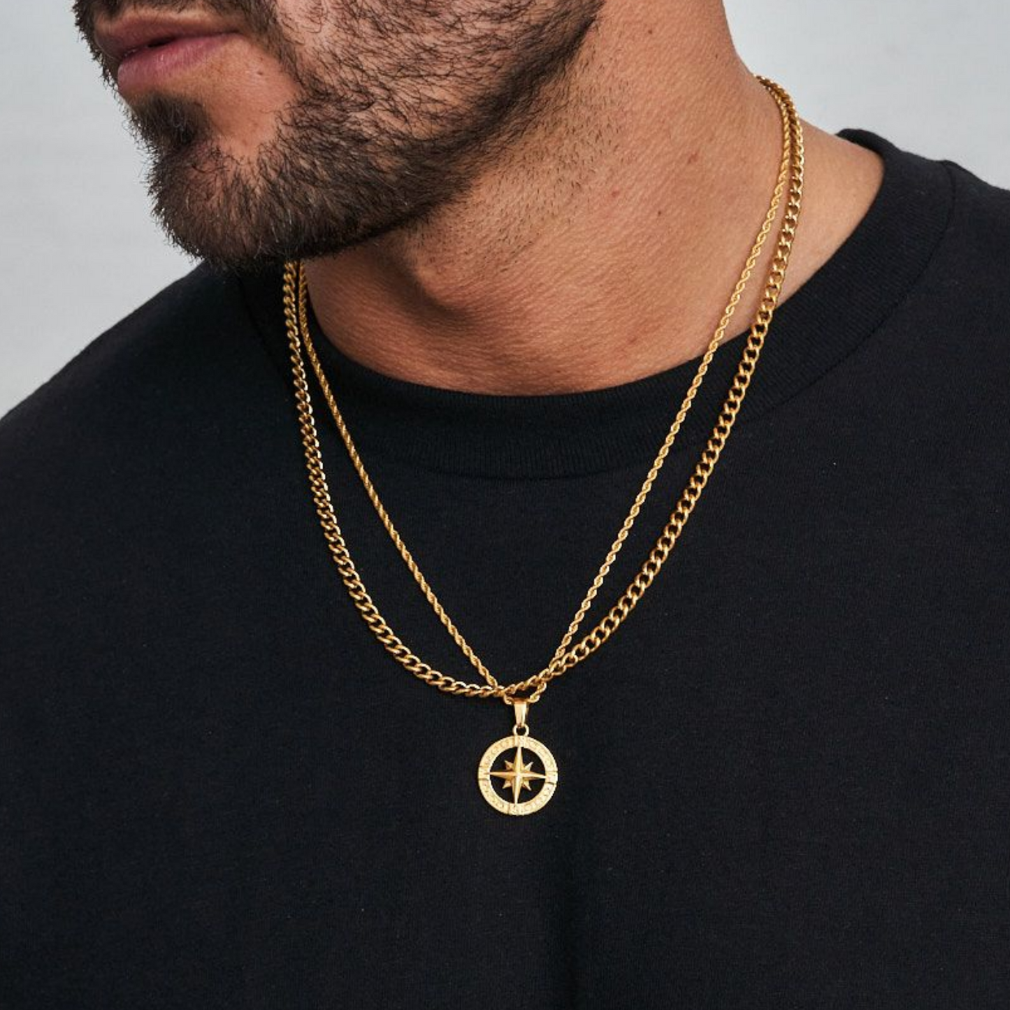 18K Gold Plated Compass North Star Crucifix Necklace Stainless Steel - PlumOnyx