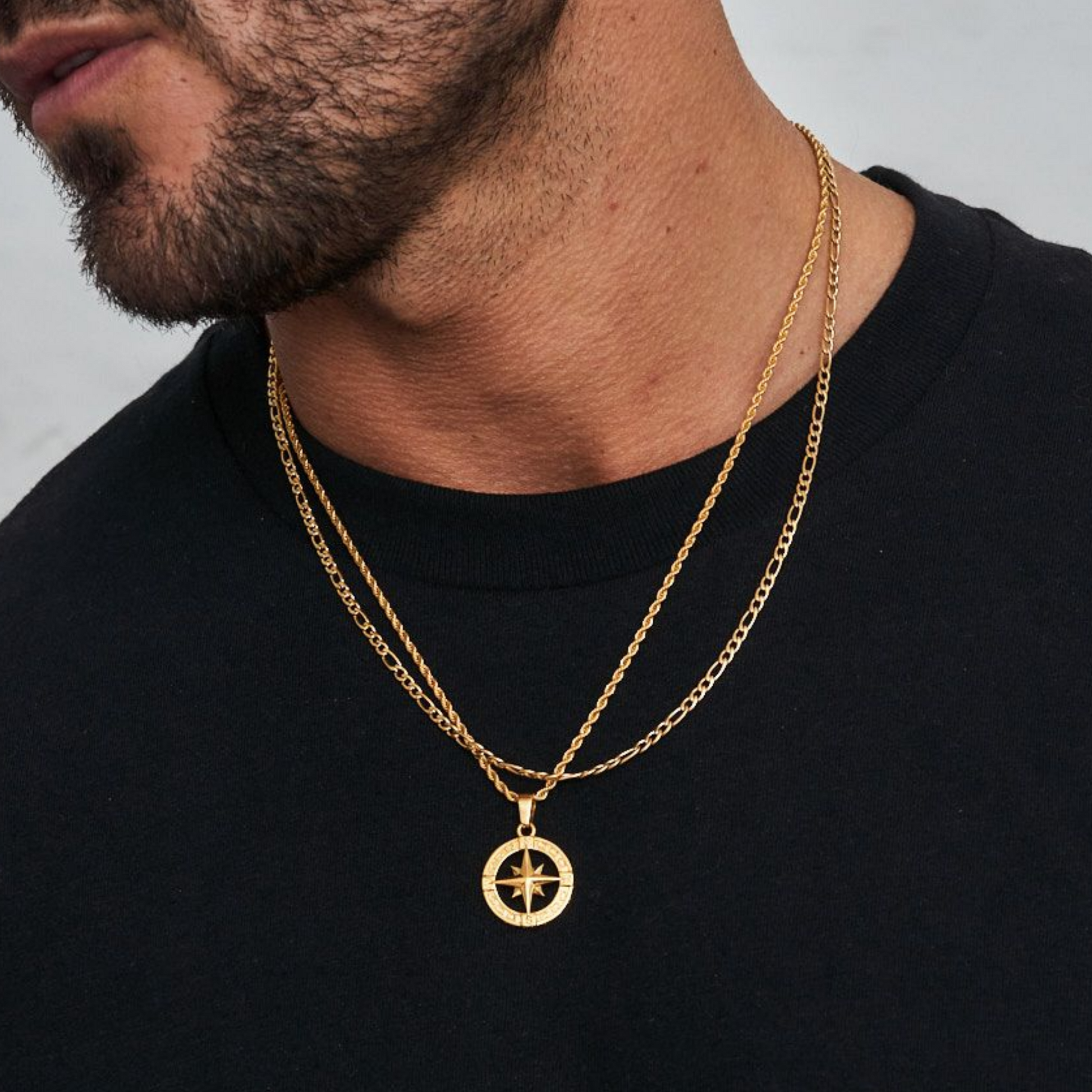18K Gold Plated Compass North Star Crucifix Necklace Stainless Steel - PlumOnyx