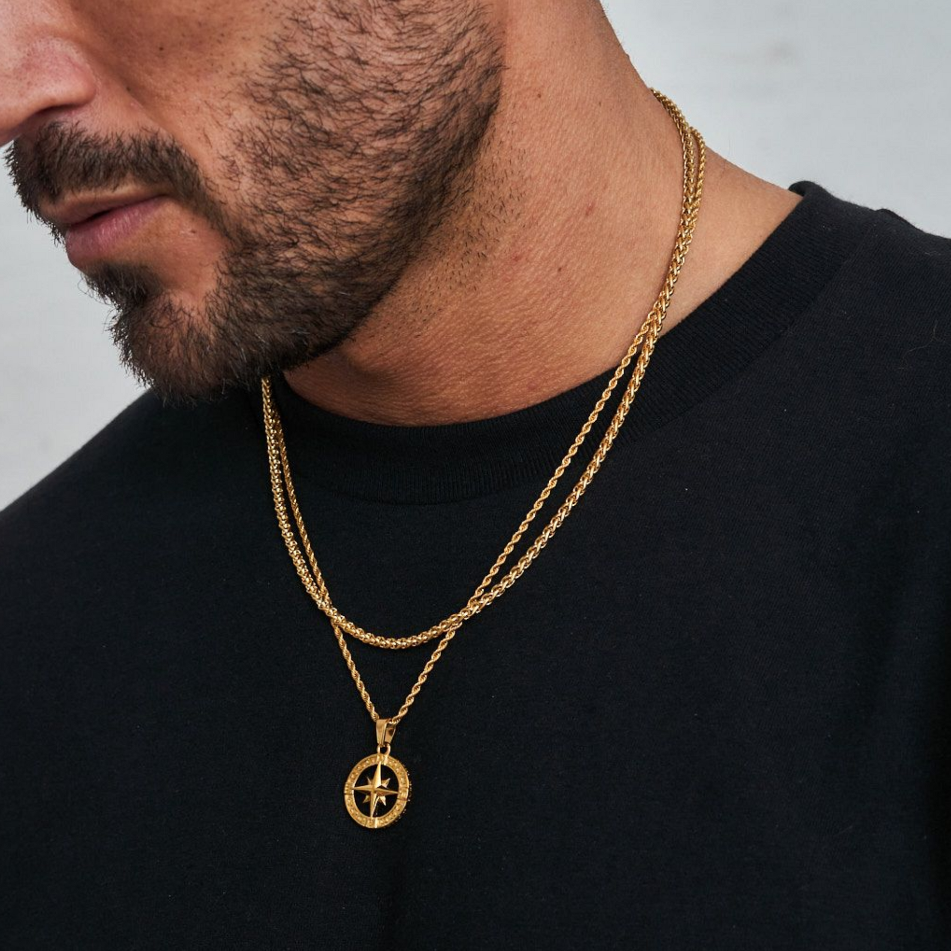 18K Gold Plated Compass North Star Crucifix Necklace Stainless Steel - PlumOnyx