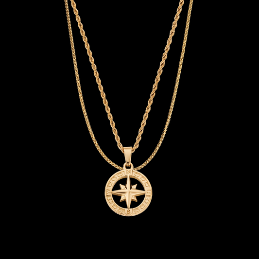 18K Gold Plated Compass North Star Crucifix Necklace Stainless Steel - PlumOnyx