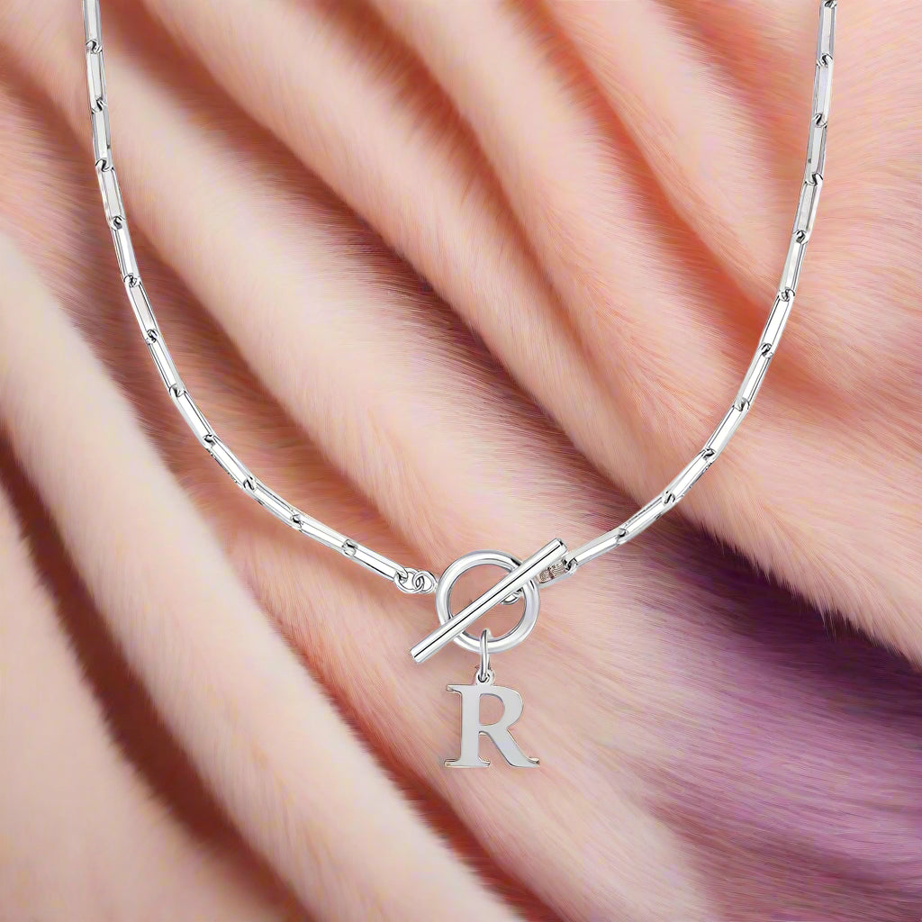 Paperclip Letter Initial Circle Lock Clasp Necklace - PlumOnyx