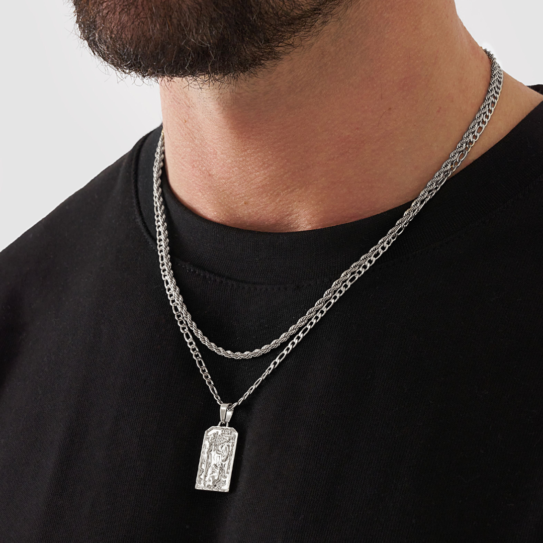 18K Gold Plated Stainless Steel Men's Anchor Necklace- Silver - PlumOnyx