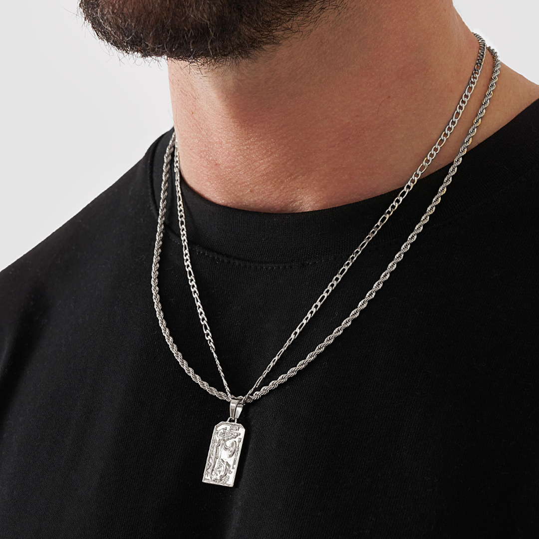 18K Gold Plated Stainless Steel Men's Anchor Necklace- Silver - PlumOnyx