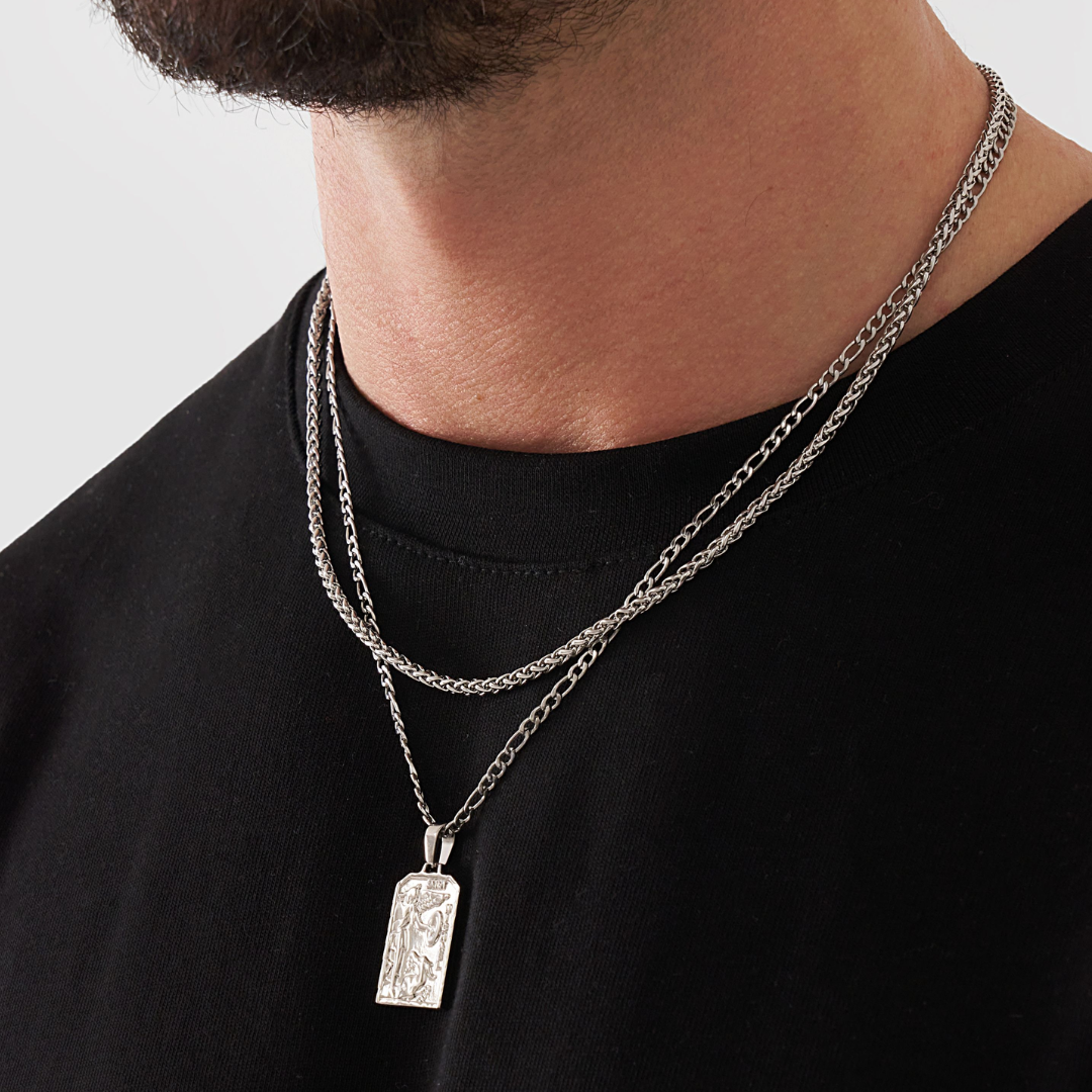 18K Gold Plated Stainless Steel Men's Anchor Necklace- Silver - PlumOnyx