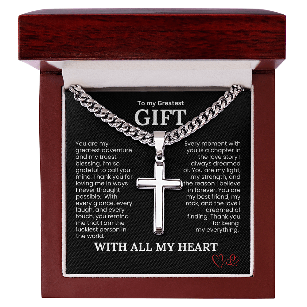 To My Greatest Gift Cuban Link Chain with Engraved Artisan Cross - PlumOnyx