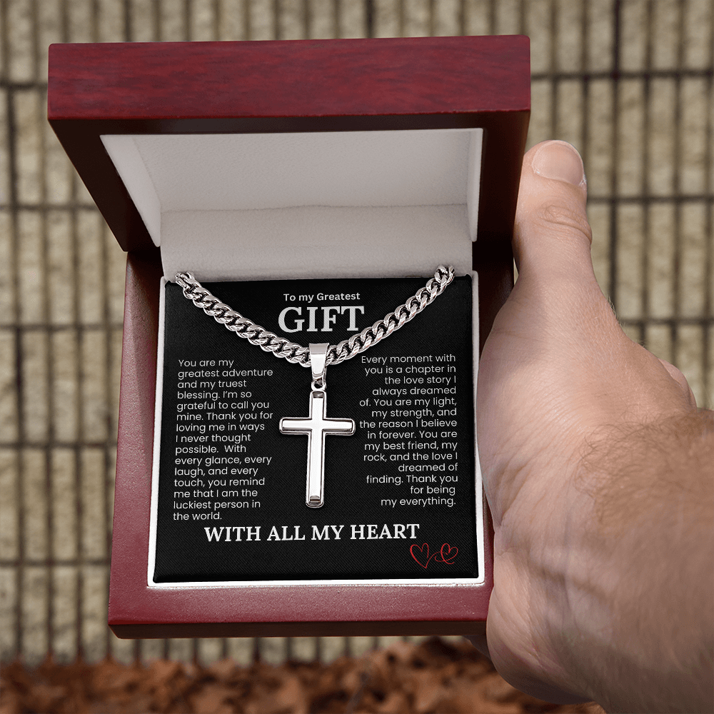 To My Greatest Gift Cuban Link Chain with Engraved Artisan Cross - PlumOnyx