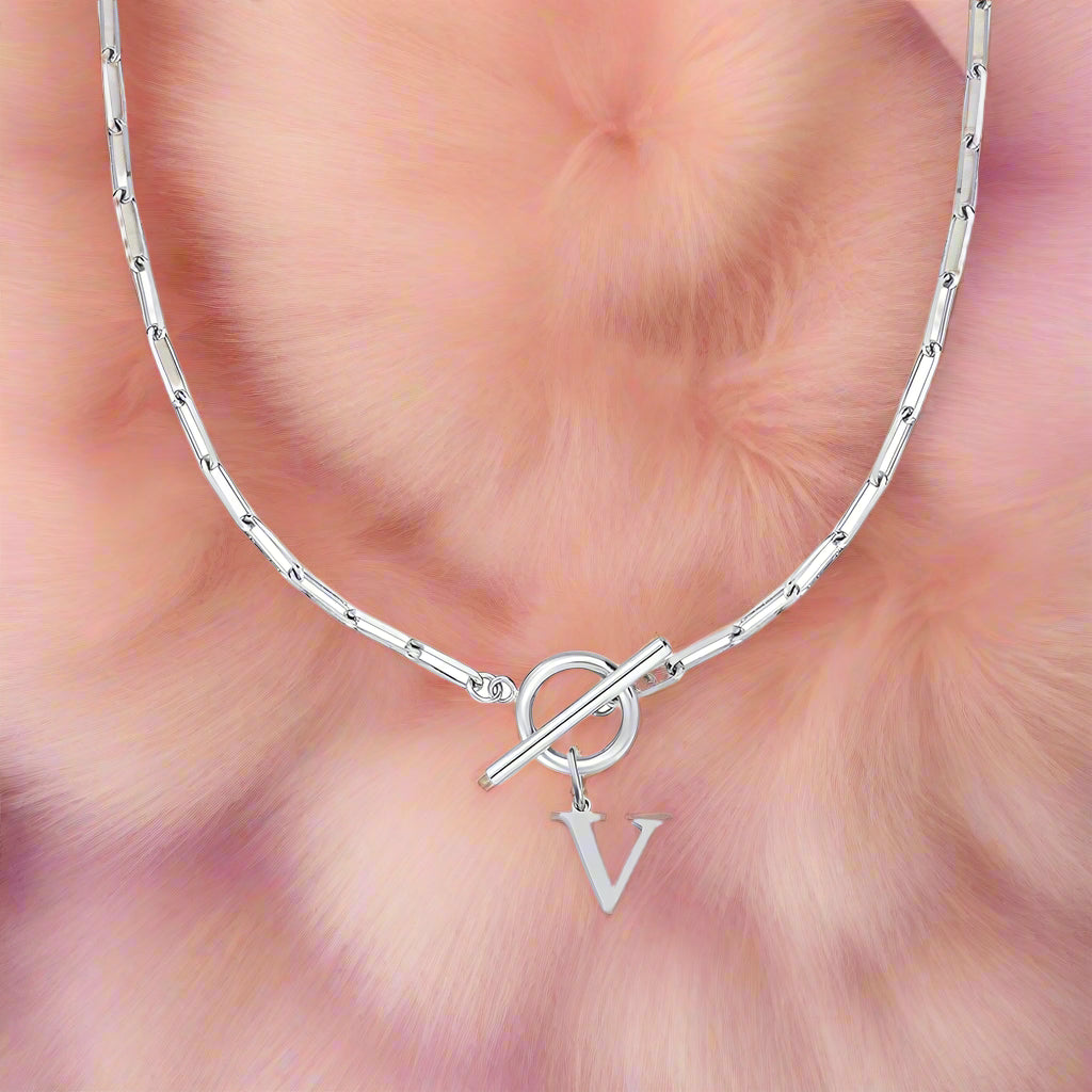 Paperclip Letter Initial Circle Lock Clasp Necklace - PlumOnyx