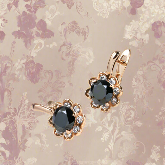 New 585 Rose Gold Pendant Earrings Center Inlay Black Zircon Surround Diamond Flower Pierced Earrings Women Fashion Accessories