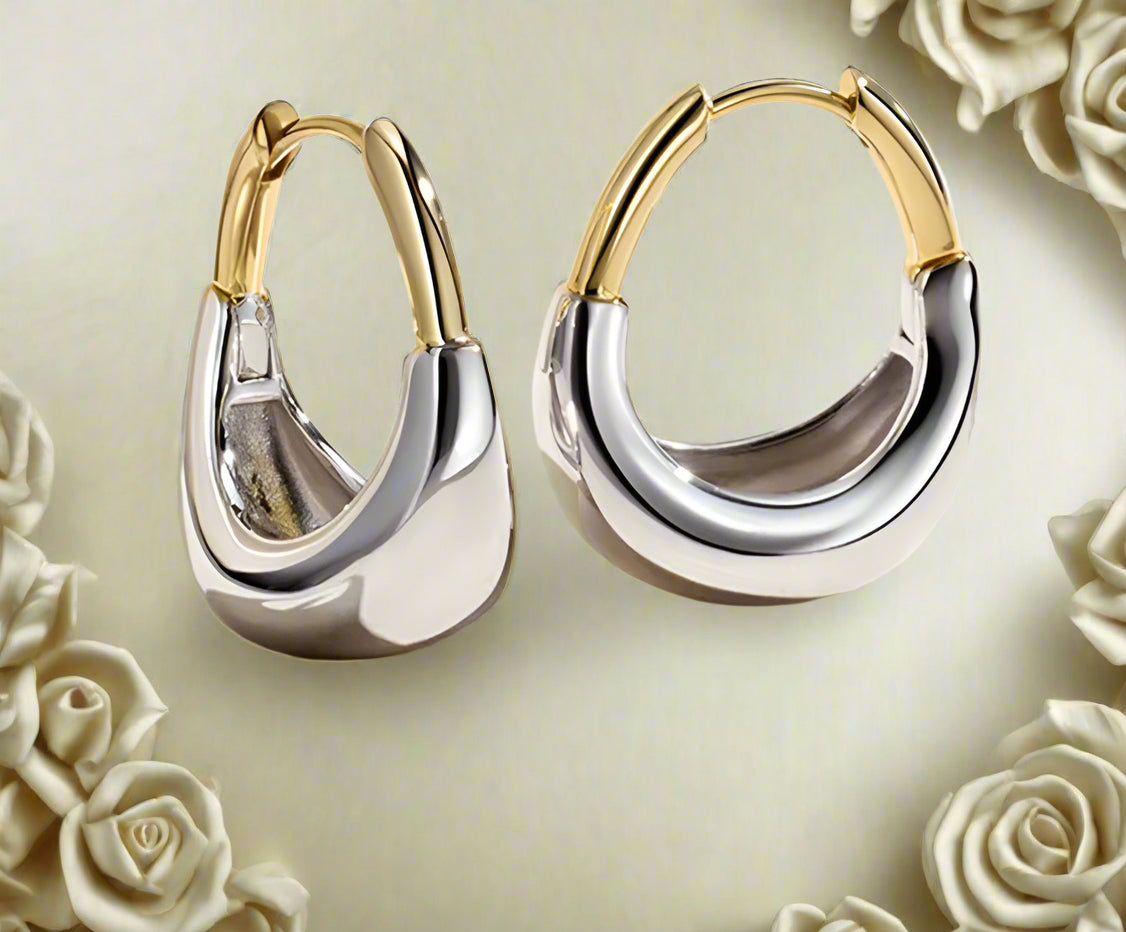 Two-Tone Minimalist 925 Sterling Silver & Gold U-Hoop Earrings – Chunky Aurora Design