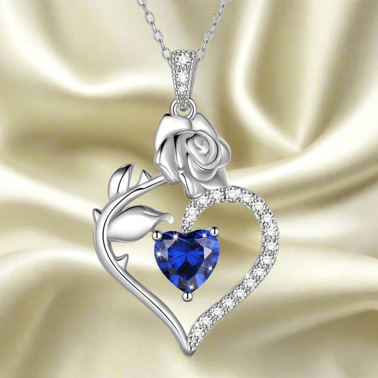 925 Sterling Silver Birthstone Necklace for Women Rose Flower Heart Pendant Necklace Fine Jewelry Anniversary Birthday Christmas Gifts for Women Girls