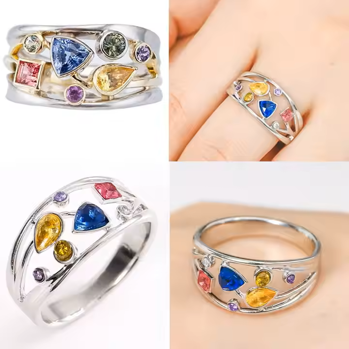 Zircon Diamond-Cut Silver Colorful Elegant Ring - PlumOnyx