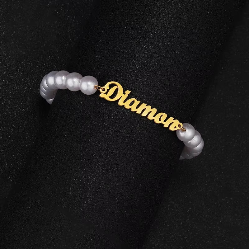 Custom Name Bar Bracelet with Pearl – Stainless Steel Gold & Silver Personalized Gift for Women & Men