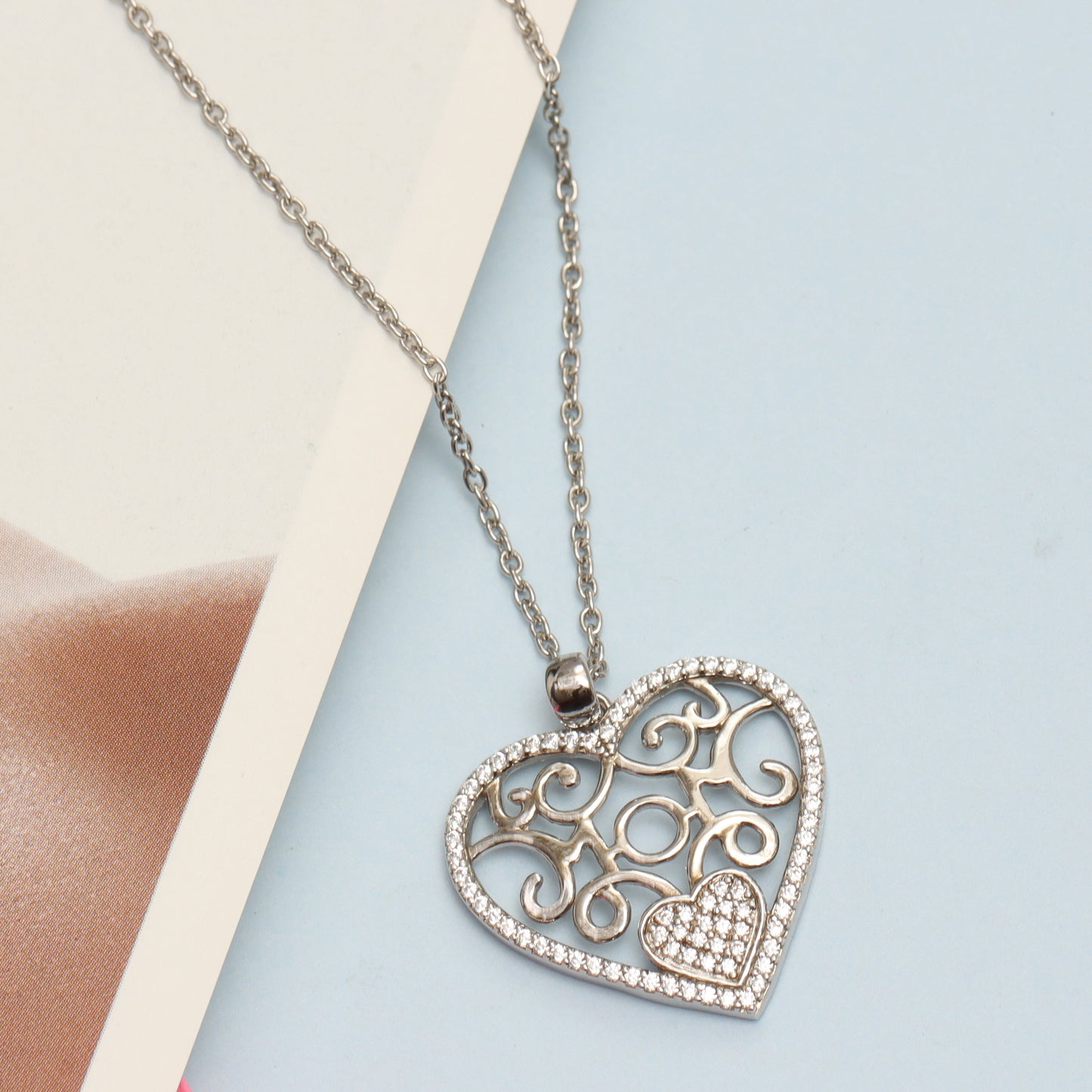 925 Sterling Silver Light-Weight Two-Tone Heart Pendant Necklace 18"