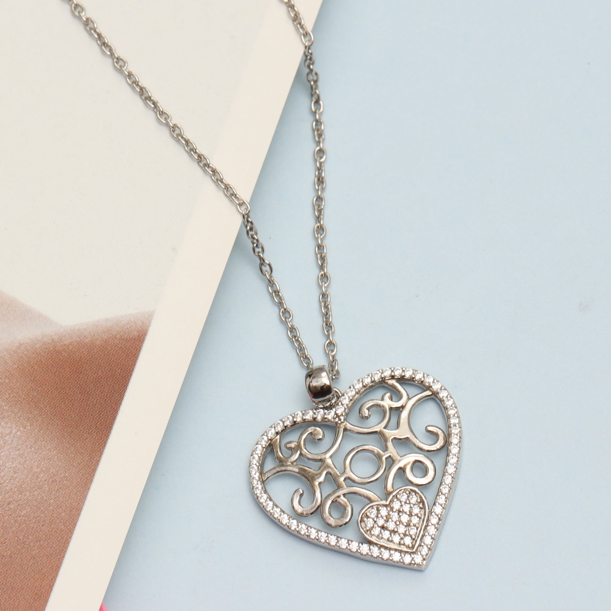 925 Sterling Silver Light-Weight Two-Tone Heart Pendant Necklace 18"