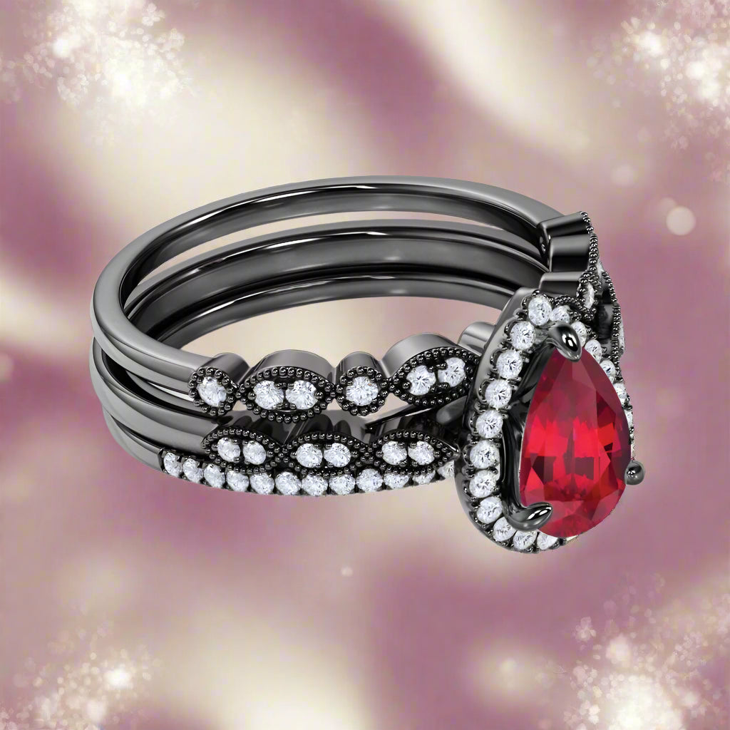 1.75 Carat Teardrop Vintage Ruby Trio Ring Set in 18K Black Gold over Silver
