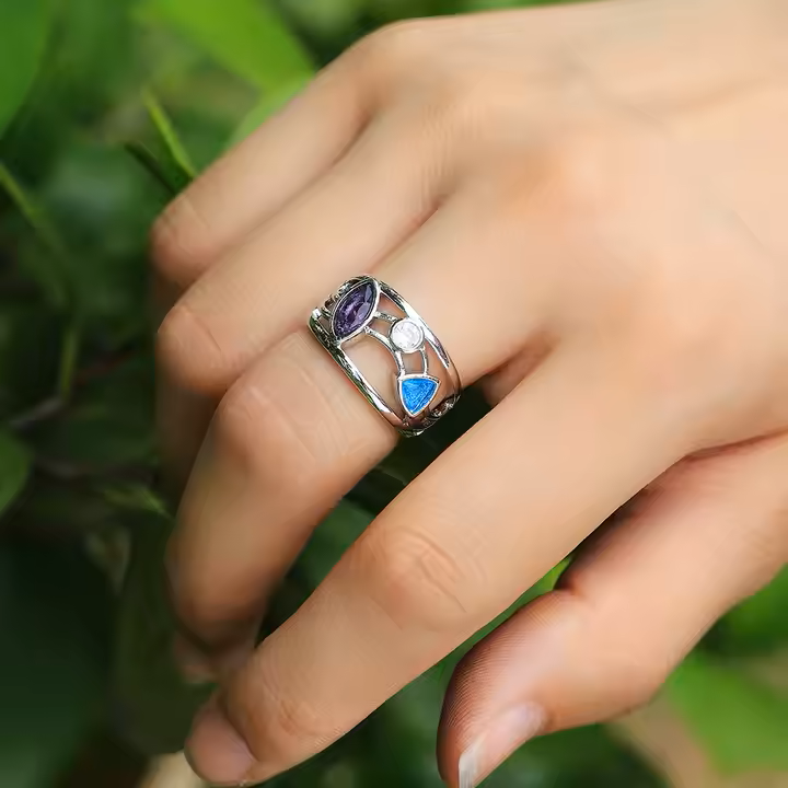 Hollow-out Colorful CZ Stone Ring - PlumOnyx