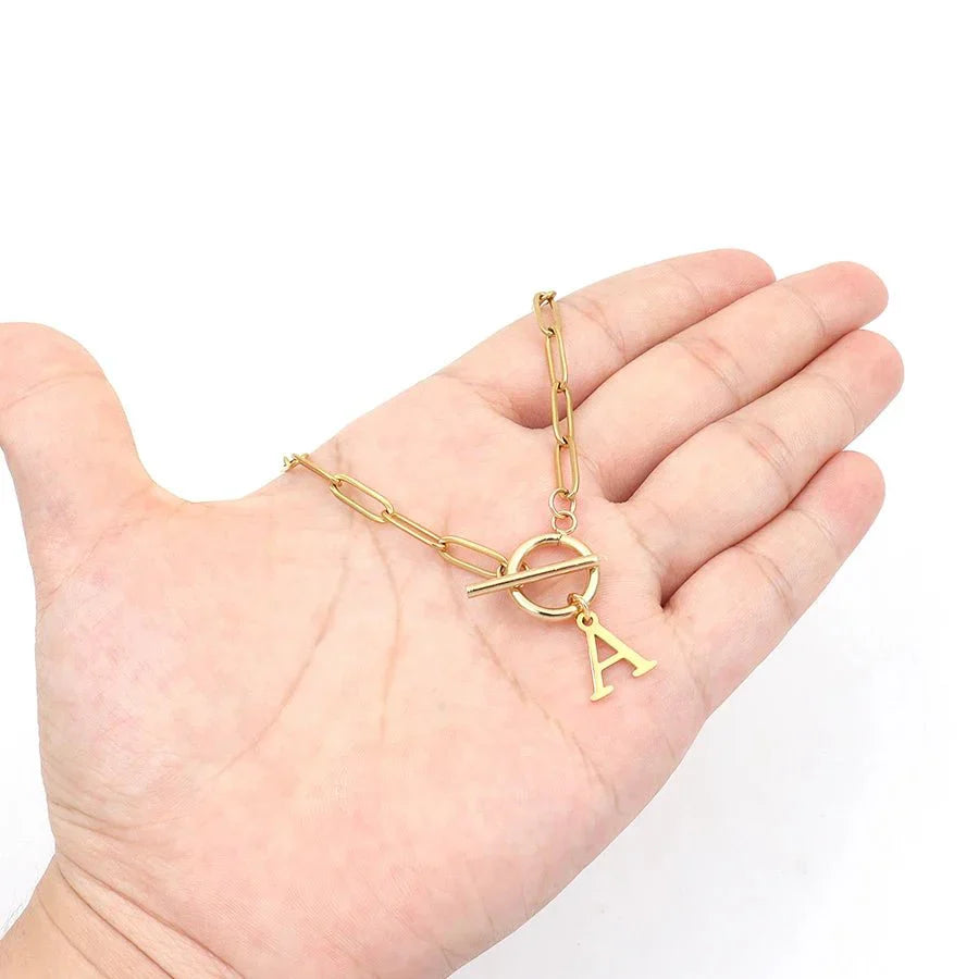 Paperclip Letter Initial Circle Lock Clasp Necklace - PlumOnyx