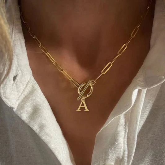 Paperclip Letter Initial Circle Lock Clasp Necklace - PlumOnyx
